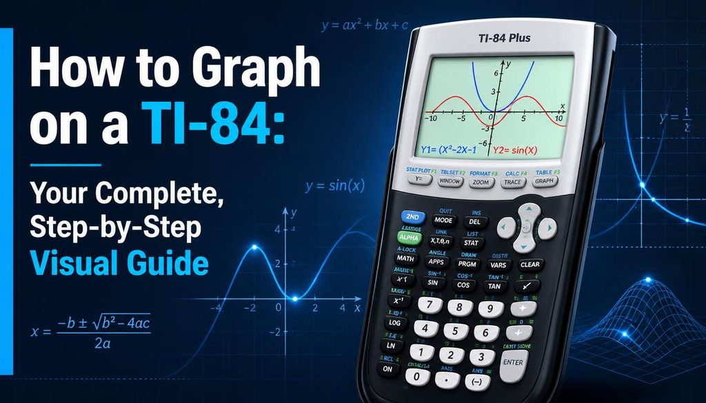 TI-84 Plus graphing calculator displaying a function graph on a coordinate plane, with math symbols and grid lines surrounding the title How to Graph on a TI-84.